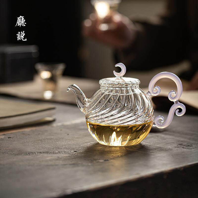 厅说 如意清源壶高硼硅玻璃茶具耐热透明泡茶壶弯月盖卷曲柄中式