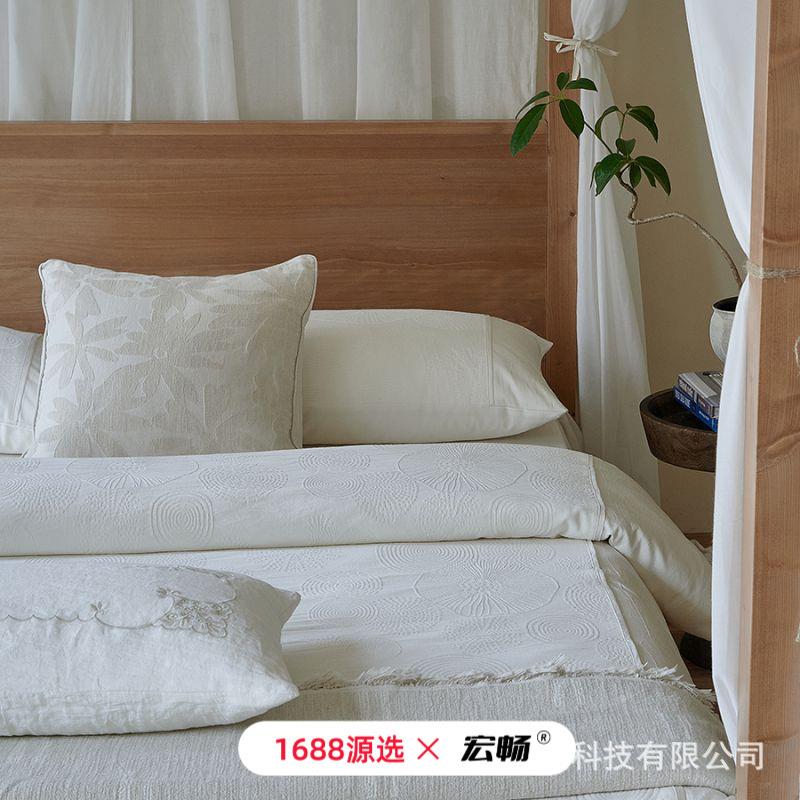 A类春夏新款天丝棉四件套白色提花原棉不染床上用被套民宿酒店风