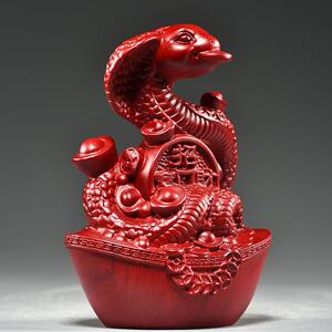 红色木头蛇摆件实木雕刻十二生肖木制眼睛蛇木质吉祥物装饰工艺品