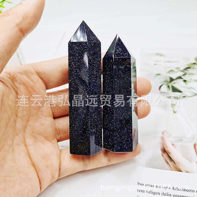厂家天然蓝砂石单尖柱水晶六棱柱原石打磨家居办公摆件