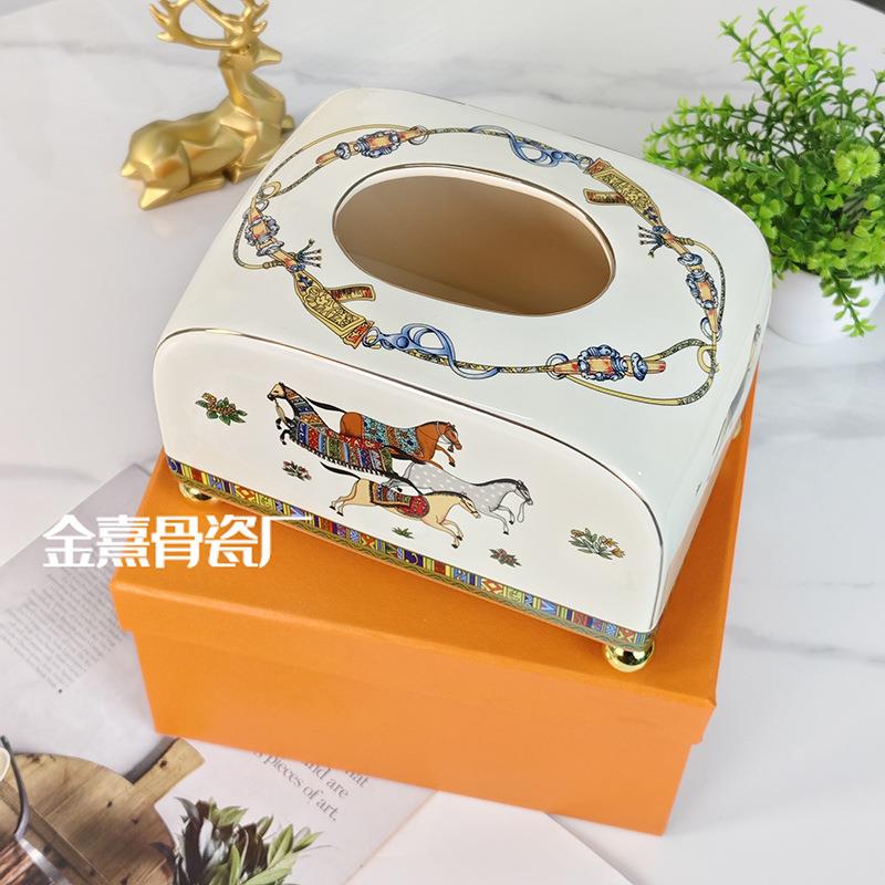欧式H家轻奢创意马图小号陶瓷纸巾盒家用办公抽纸收纳盒