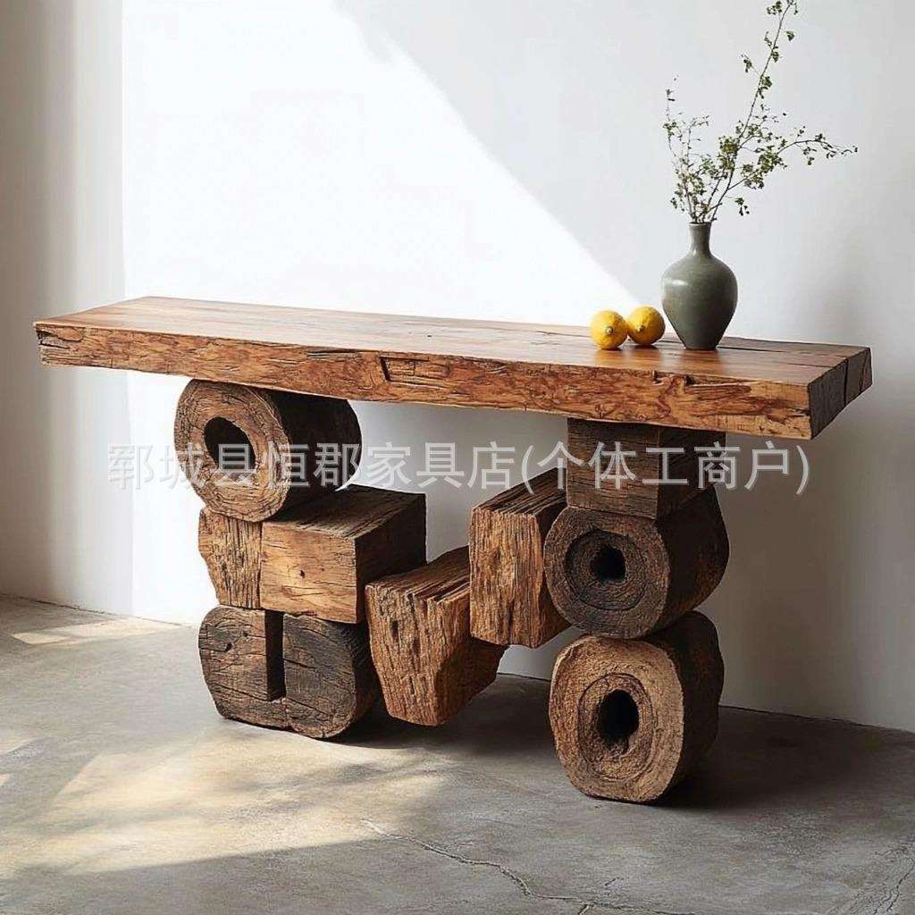 艺术风老榆木风化板桌艺术风木墩原木板茶桌服装店中央展示桌