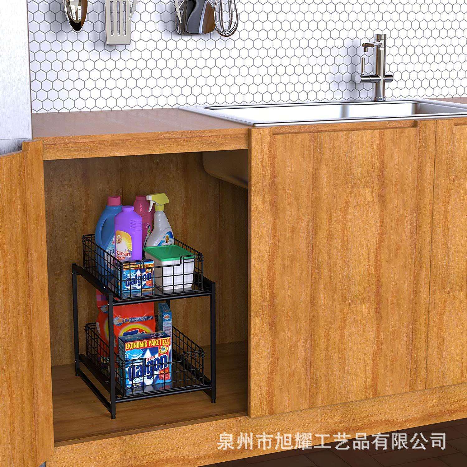 厨房下水槽抽拉式置物架铁艺橱柜台下分层调料架浴室用品收纳架