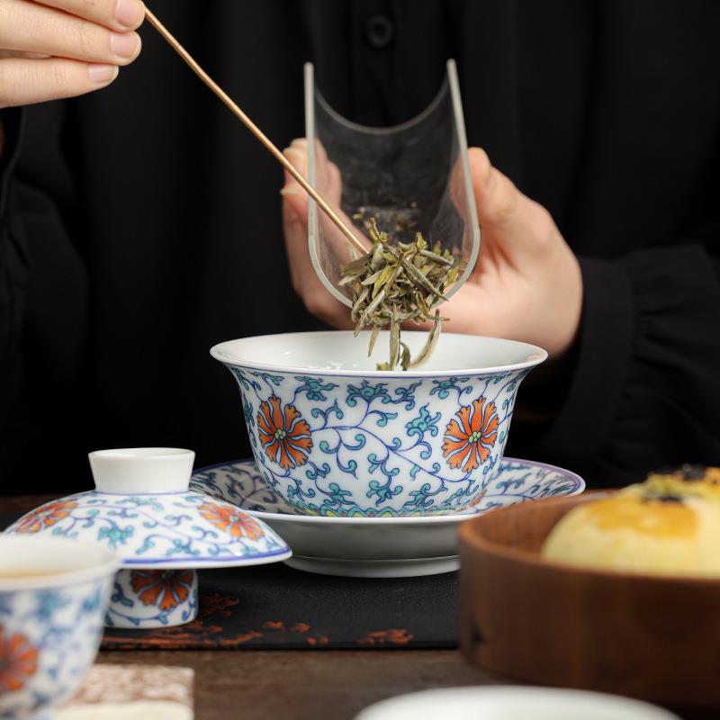 青花斗彩三宝盖碗单个高档茶碗带盖家用喝茶中式功夫家用茶具套装