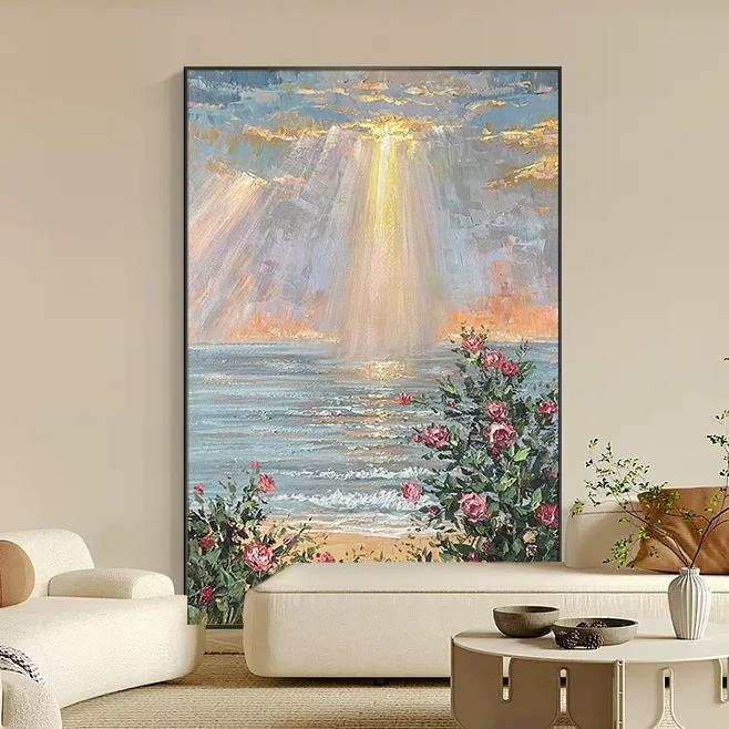 纯手绘油画日出玫瑰海岸风景玄关装饰画现代简约客厅立体肌理挂画