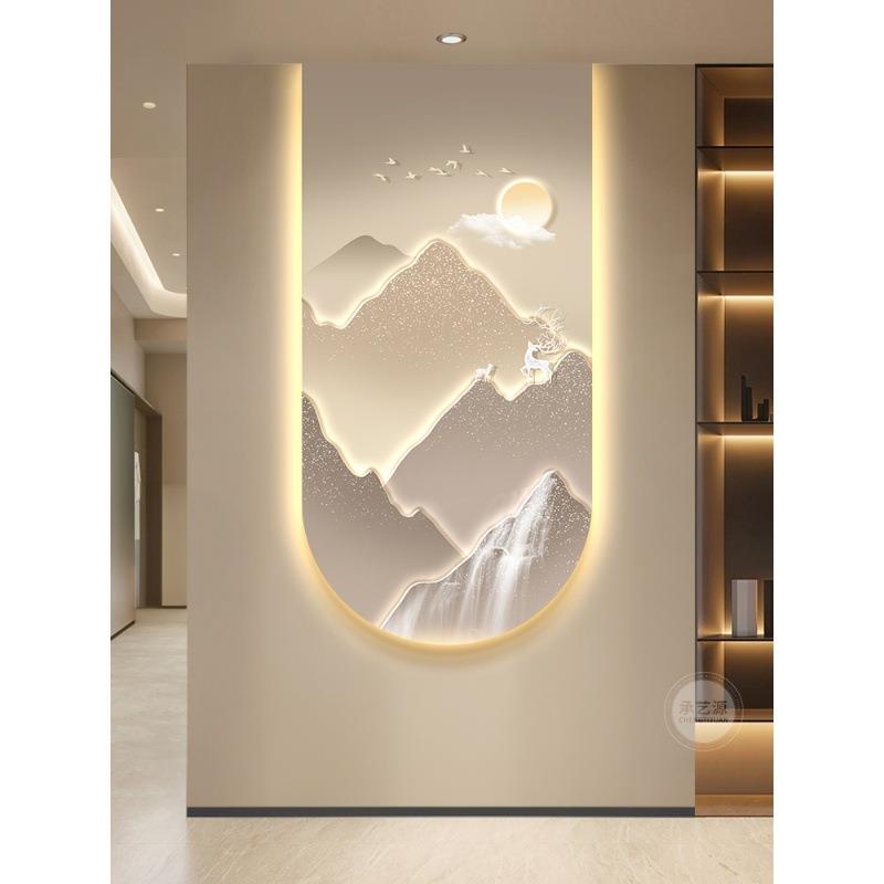 流水生财现代轻奢玄关装饰画大气山水挂画走廊尽头过道发光壁灯画
