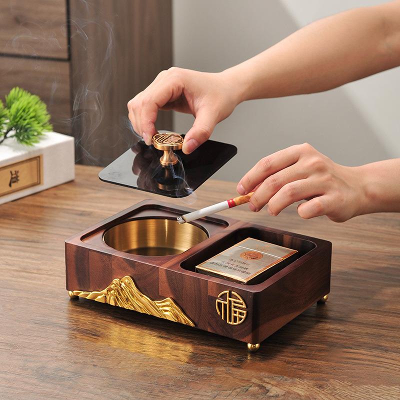 实木轻奢抽纸盒多功能中式客厅家用黑胡桃色茶几纸巾盒摆件四件套
