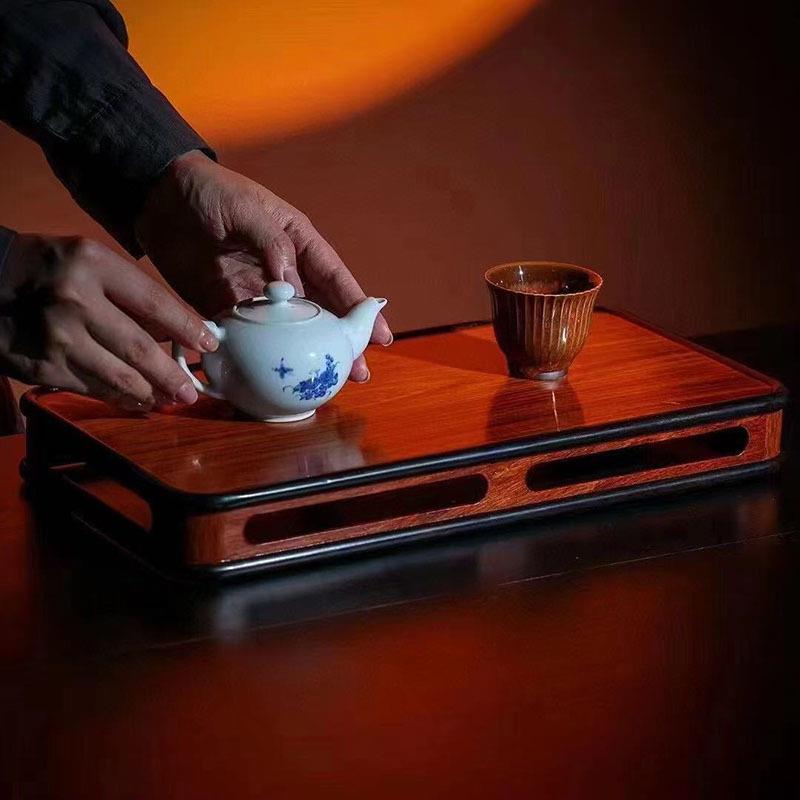 缅甸花梨镶嵌紫光檀托盘水果盘实木长方形干泡茶台中式茶具收纳盘