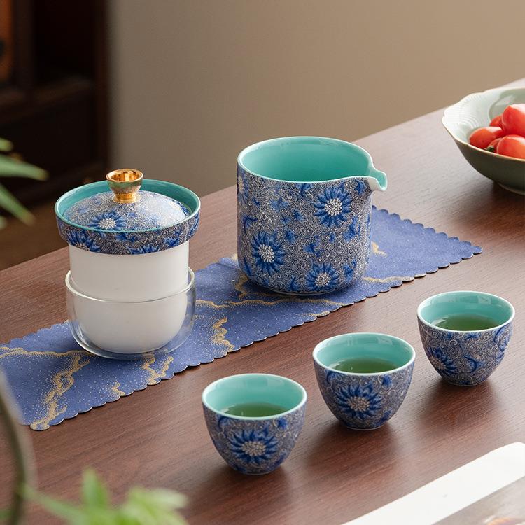几欢缠枝莲快客杯便携式旅行茶具陶瓷一壶四杯套装户外露营泡茶壶