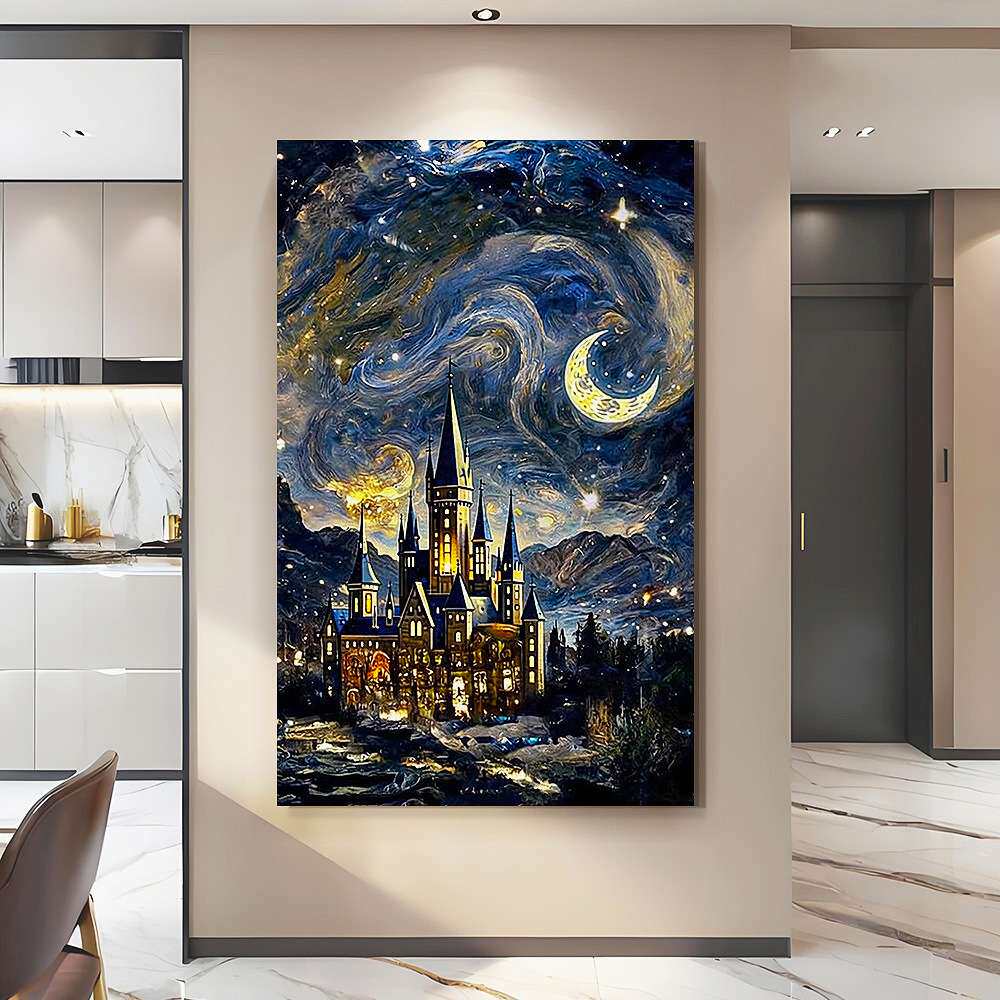 意式极简玄关油画星空城堡风景肌理手绘装饰画客厅过道轻奢挂壁画