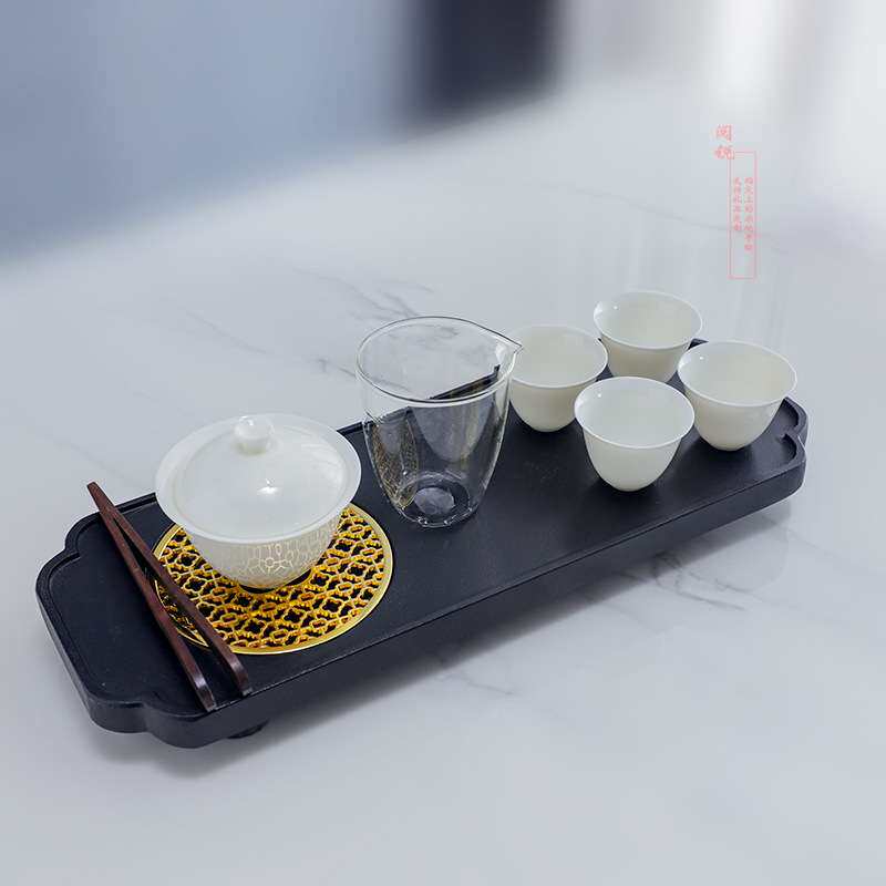 德化白瓷杯 聚香盖碗 精致小茶杯盘整套 乌金石储水茶盘 阳台茶具