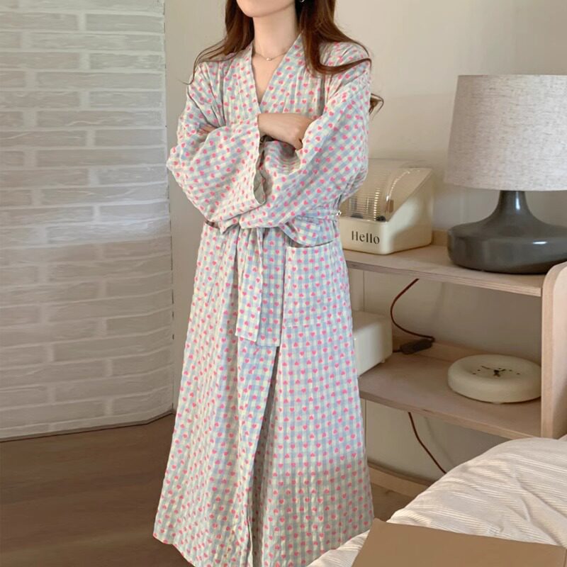 日系睡衣浴袍女睡袍秋季新款甜美爱心格子宽松长袖长款风和服