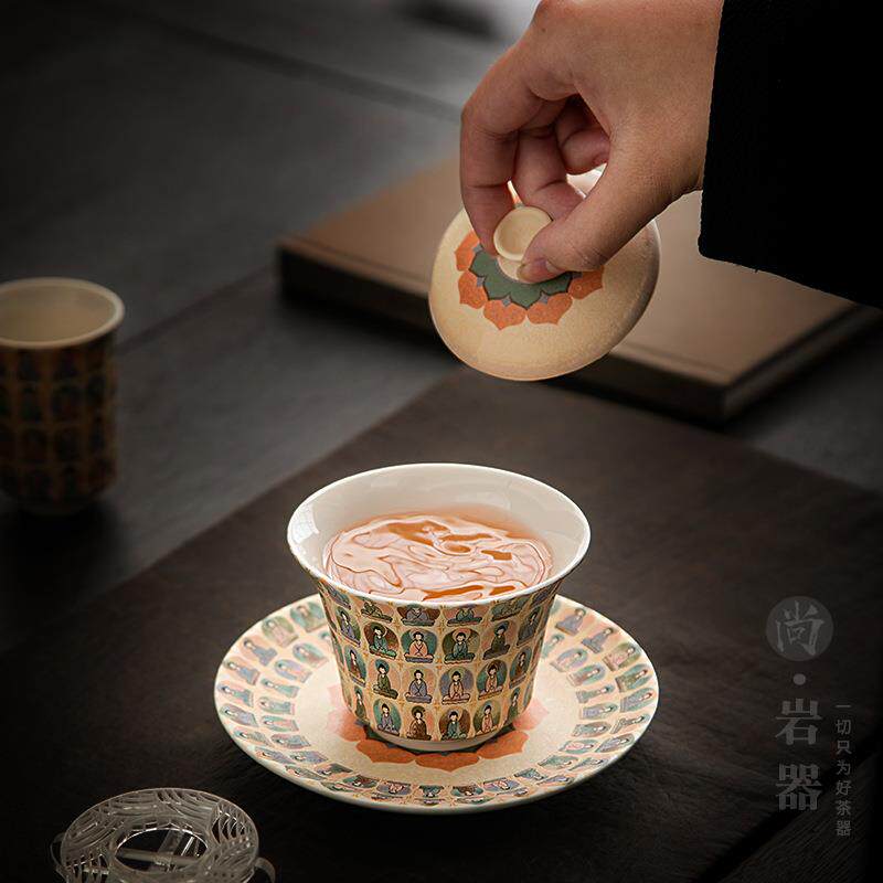 手工防烫陶瓷三才盖碗茶杯大号文创敦煌千佛泡茶器家用手抓壶茶碗