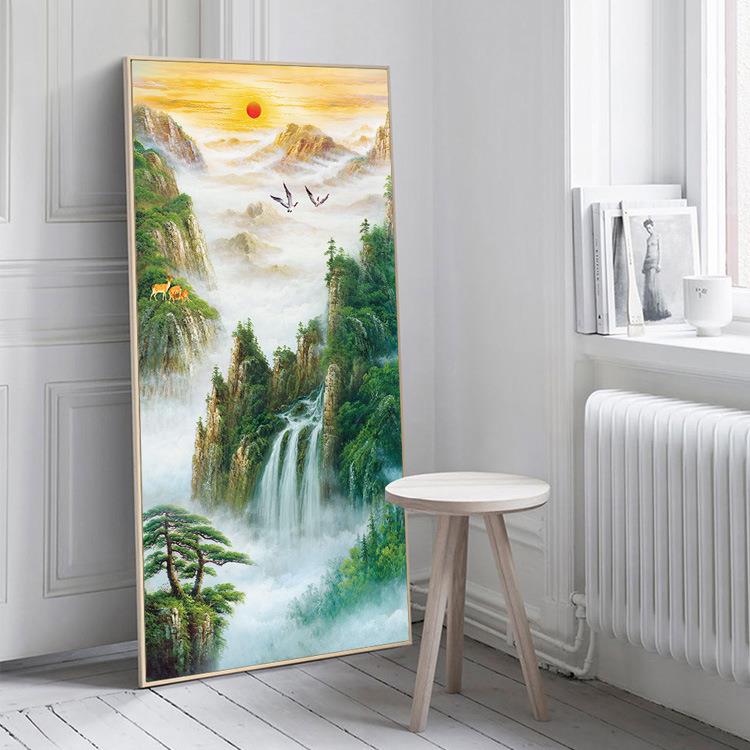 制作黄山迎客松山水风景油画中式玄关装饰画酒店大厅竖版墙上挂画
