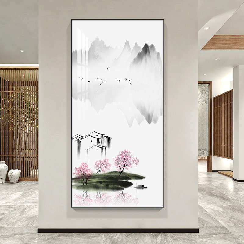 新中式玄关装饰画客厅山水走廊过道挂画现代简约水墨禅意竖版壁画