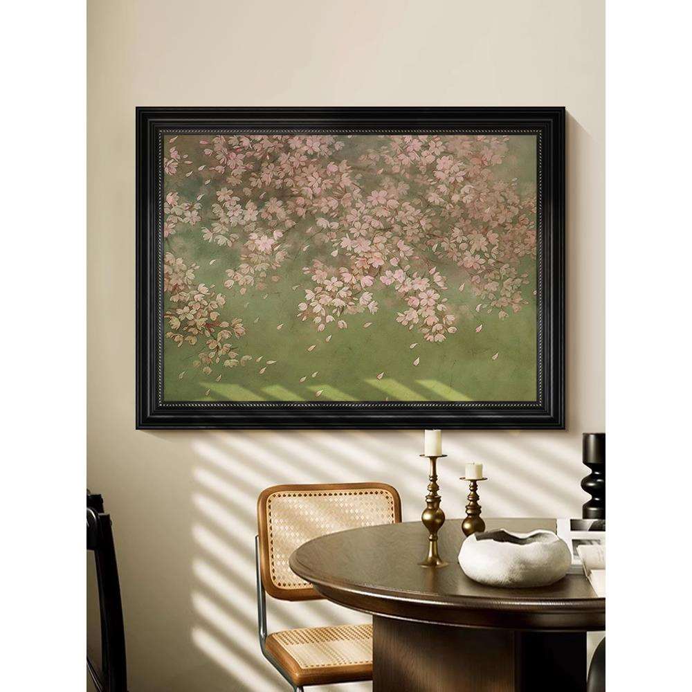 粉色桃花手绘油画法式中古风客厅抽象花卉艺术装饰画玄关丙烯挂画