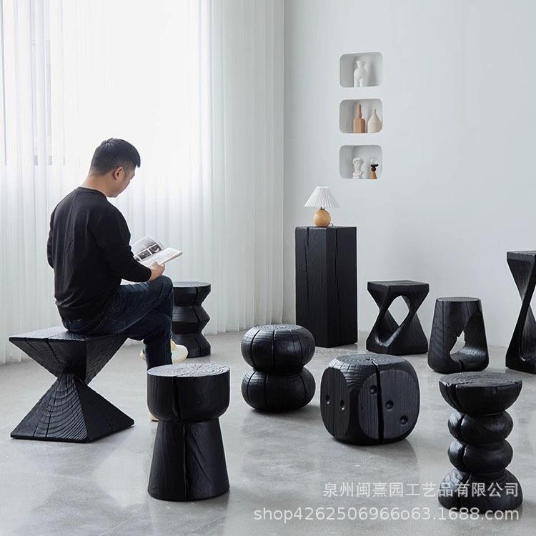 木墩子实木树桩底座摆件角几诧寂风原木木雕木桩边几碳化黑色凳子