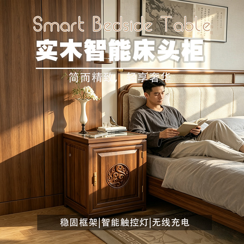 家用床头柜中式指纹密码保险箱防盗防撬实木隐形收纳柜珠宝保管柜