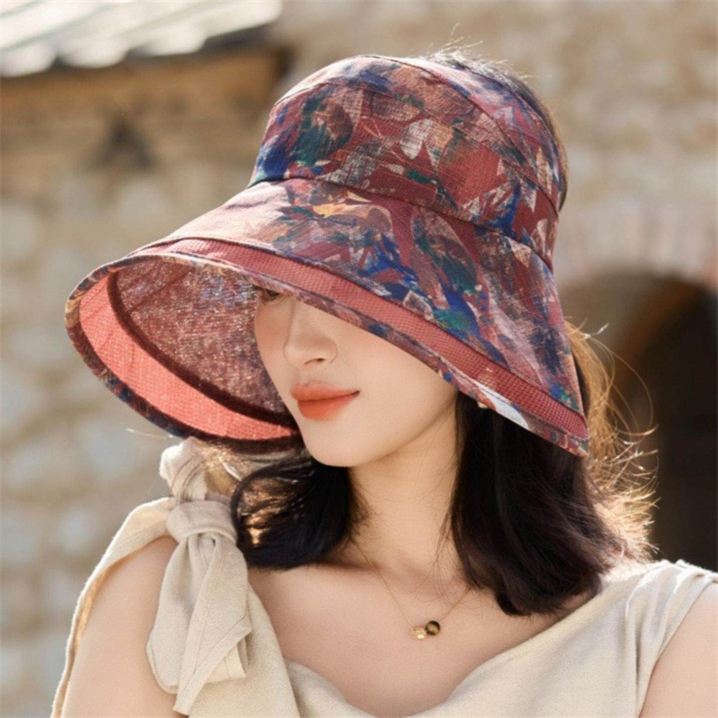 太阳帽子女夏季中老年花布空顶帽可折叠洋气时尚防晒帽女士遮阳帽