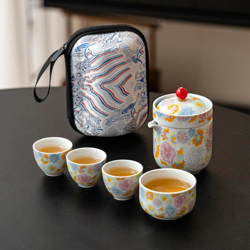 仿古釉万花旅行茶具套装功夫泡茶壶茶杯一壶四杯户外便携式快客杯