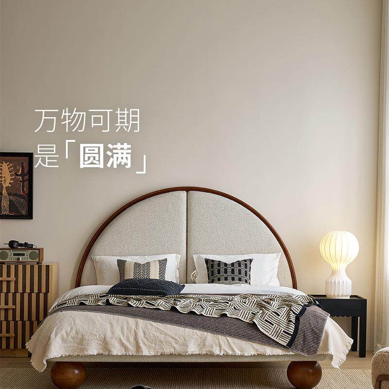 圆满实木布艺双人床1.8米齐边床中古风小户型卧室儿童圆床法式