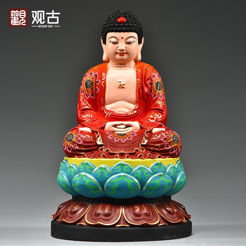 彩绘木雕刻大日如来阿弥陀佛释迦牟尼西方三圣佛祖像摆件家居装饰
