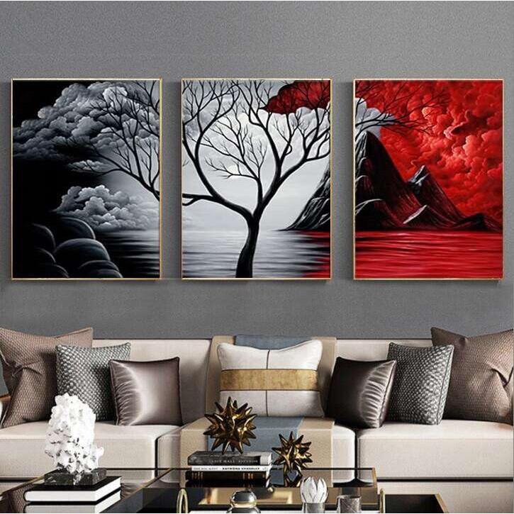 跨境喷绘三联带框帆布画高清喷绘外贸红色风景树组合挂画PS外框