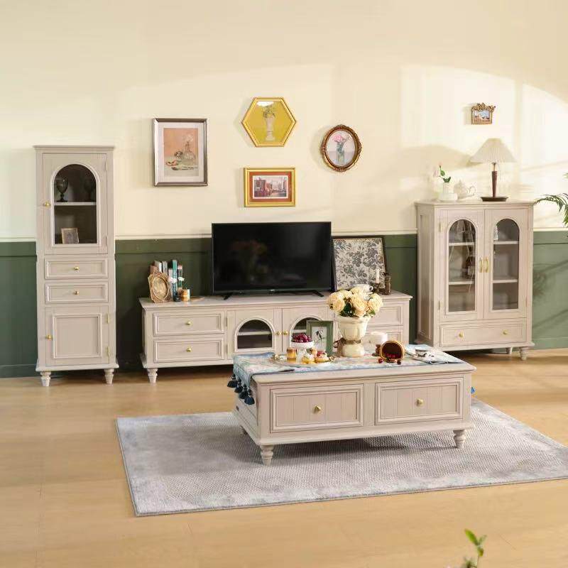 法式奶油风白色实木电视柜茶几组合小户型客厅现代简约收纳柜
