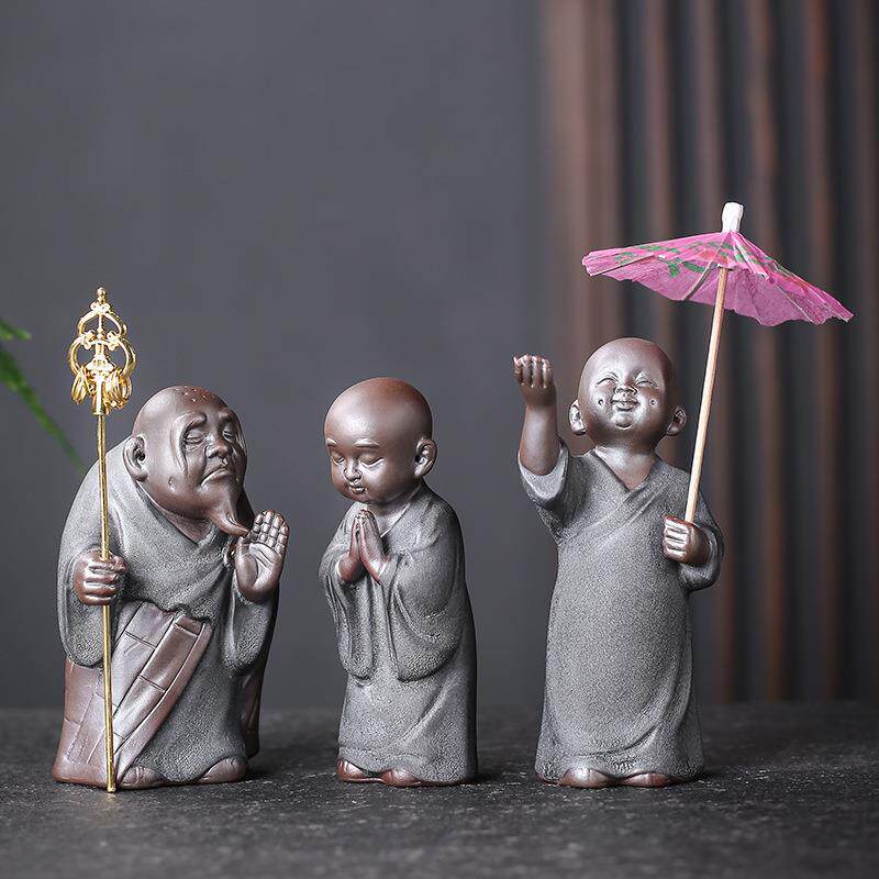 宇轩禅意礼佛小和尚茶宠紫砂精品手工可养黑金砂茶艺茶玩茶盘摆件