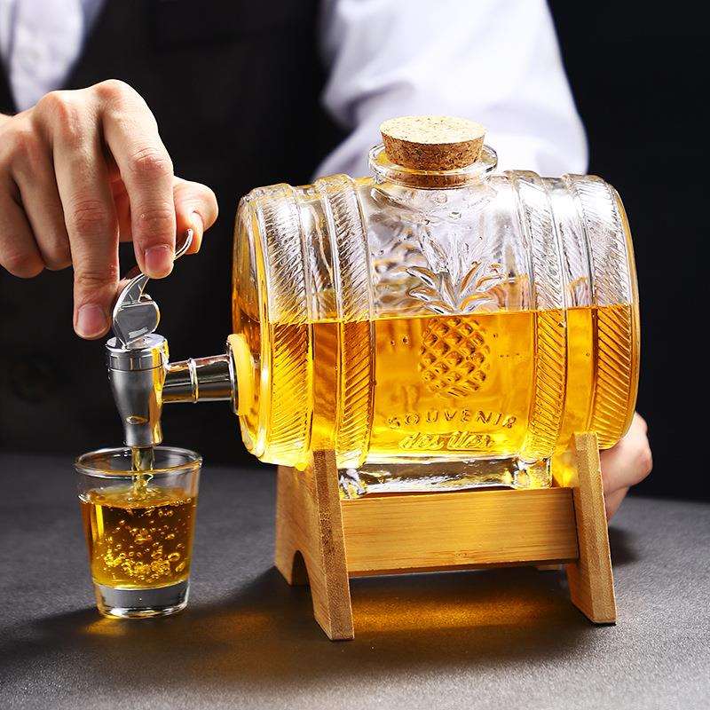 玻璃酒桶玻璃罐带龙头带底座木架冷水壶欧式泡酒瓶罐子圆形茶水罐