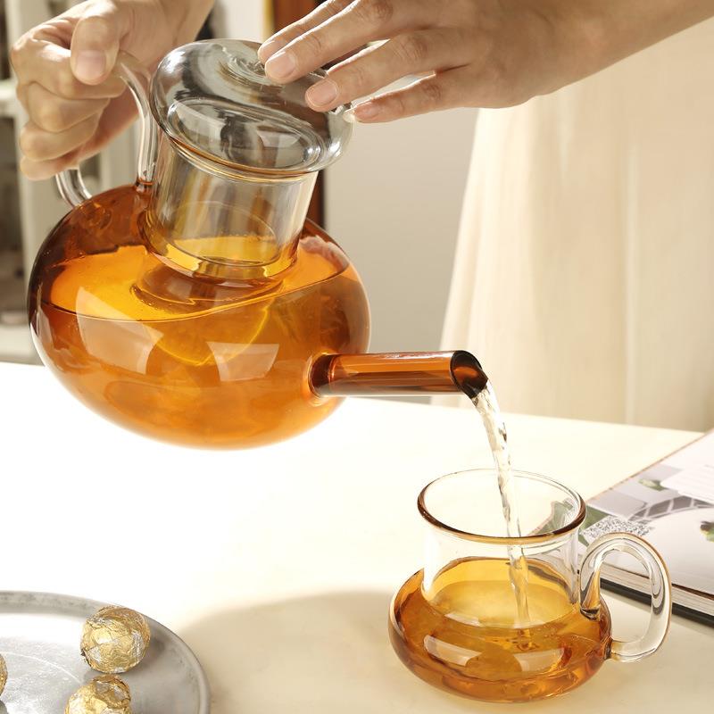 明尚德茶壶高硼硅耐热玻璃过滤茶具轻奢琥珀色茶杯煮泡茶壶套装