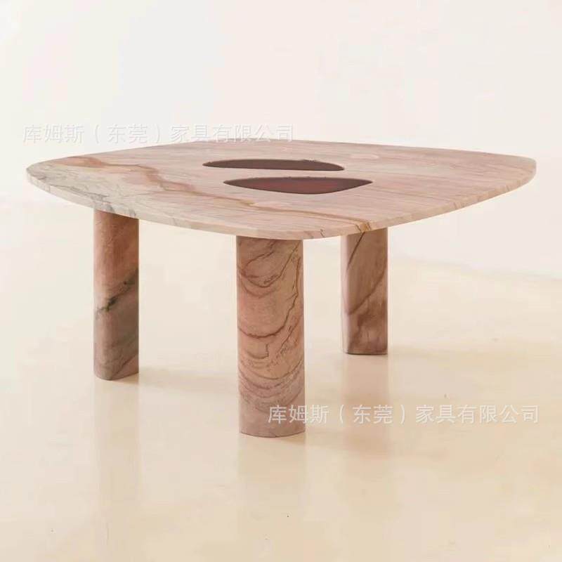 北欧粉色天然大理石餐桌圆形现代简约创意轻奢小户型家用客厅圆桌