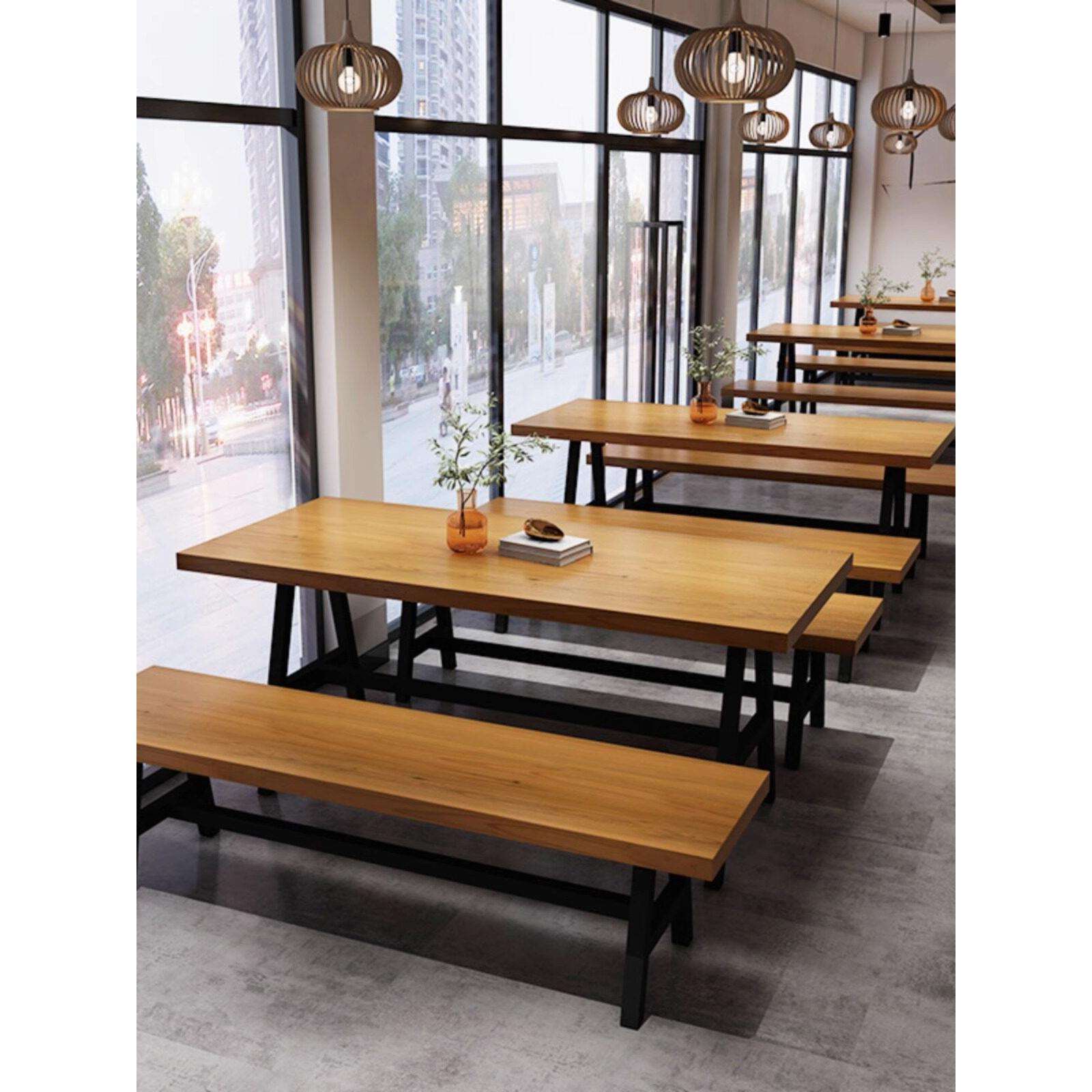 复古实木长条桌椅组合loft美式餐厅咖啡厅酒吧烧烤火锅店餐桌长凳