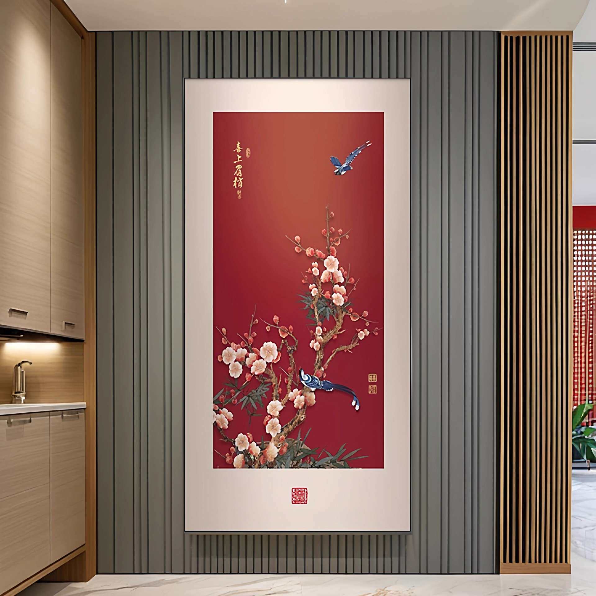 喜气盈门玄关装饰画新中式入户正对门挂画红色寓意好走廊过道壁画