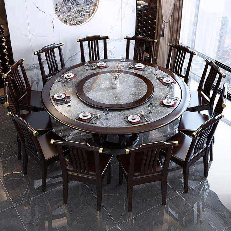 新中式实木岩板餐桌酒店餐厅2米带转盘16人圆桌家用圆形餐桌饭桌