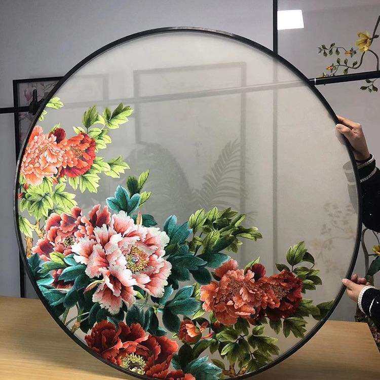 刺绣苏绣双面绣屏风半透明纱布画心入户玄关隔断富贵花开牡丹装裱