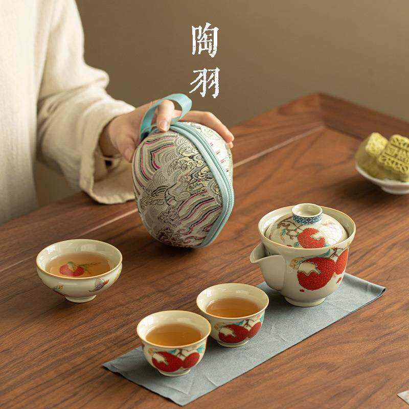 荔枝陶瓷手抓壶一壶三杯家用泡茶壶茶杯户外便携式旅行茶具
