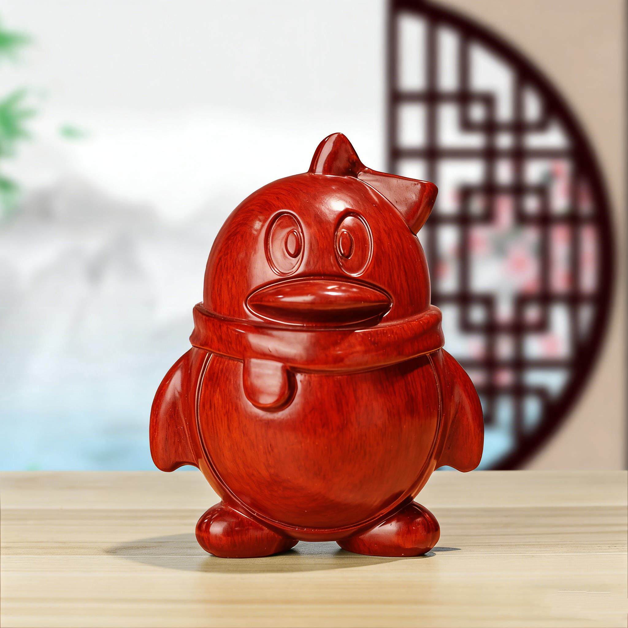 腾讯创QQ企鹅黑檀花梨木雕刻家居动物意摆件情侣一对桌面工艺礼品