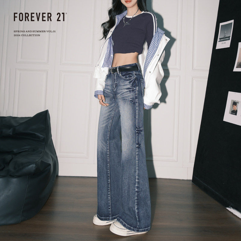 Forever 21美式复古微喇叭牛仔裤女休闲宽松低腰垂感显瘦冬季裤子