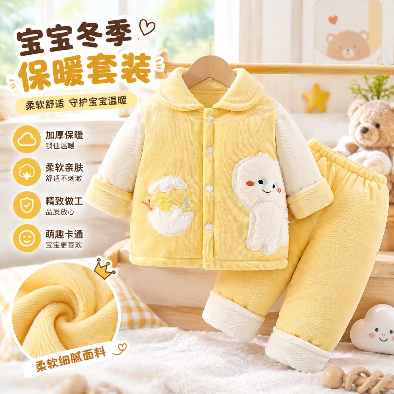 宝宝套装分体夹棉加绒保暖棉衣冬装婴儿棉袄棉裤秋冬棉服外出服