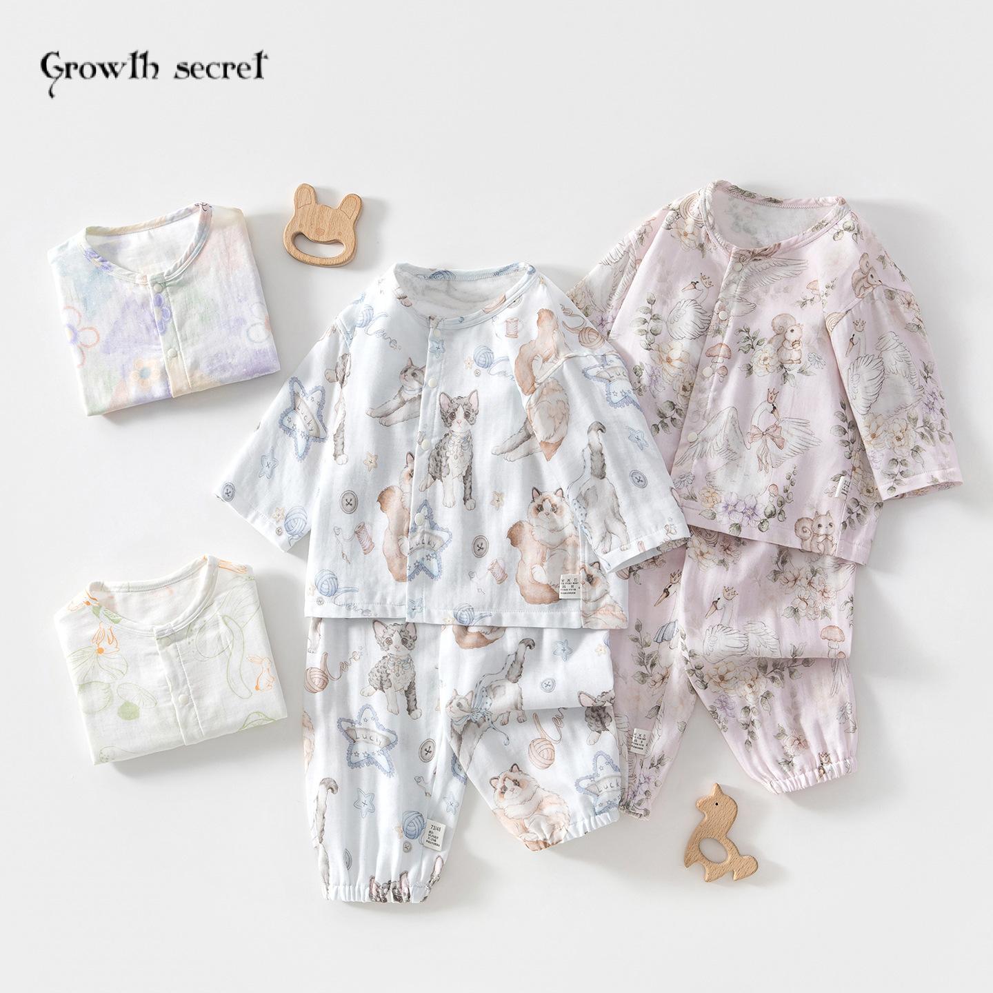 婴儿纱布套装宝宝家居服长袖竹纤维上衣裤子儿童夏季空调服男女童