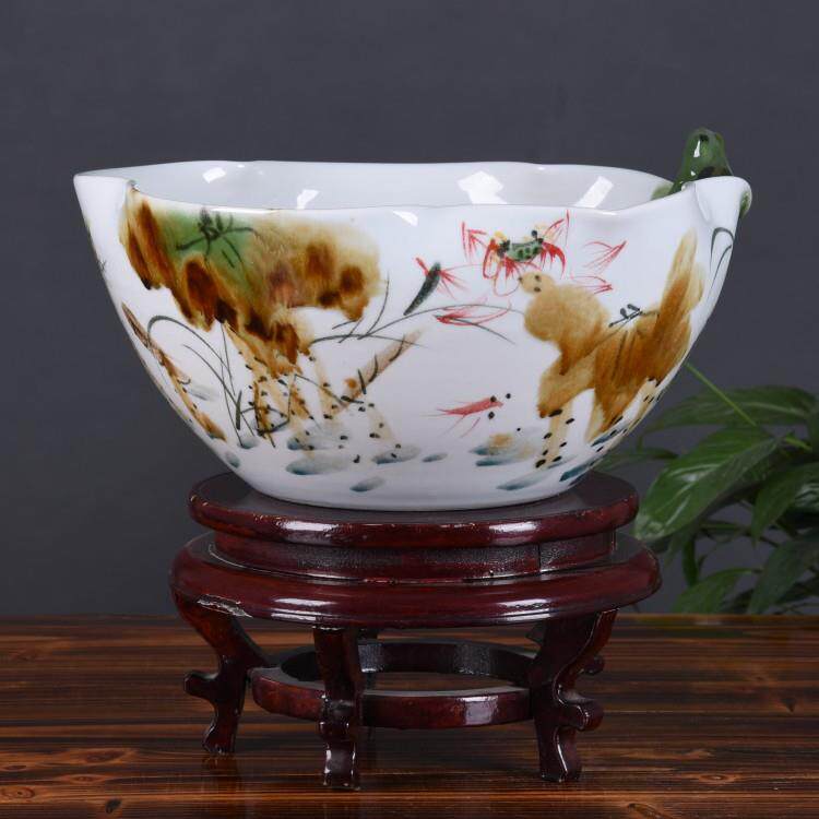 景德镇陶瓷鱼缸手绘窑变荷花陶瓷养鱼碗莲缸 创意桌面装饰品摆件