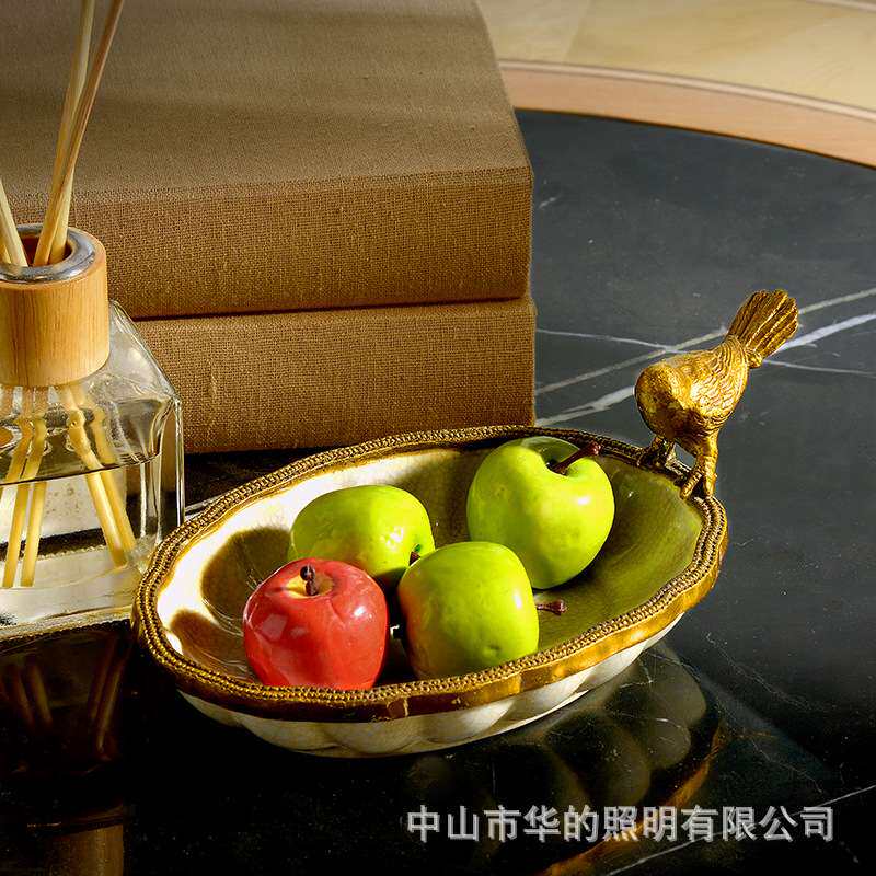 欧式勺子造型陶瓷水果盘美式镶铜茶几摆件客厅餐桌创意家居果盘