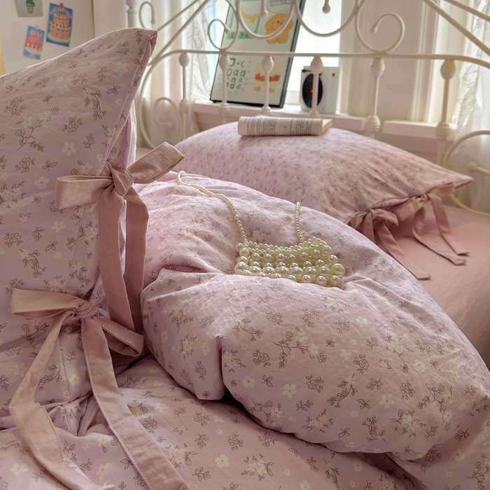 新款少女蝴蝶结绑带款棉麻碎花四件套双人床被套床单款四件套