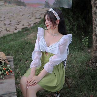 2026新款夏季胖妹大码裙式连体平角裤遮肚显瘦雪纺纱袖仙女范泳衣