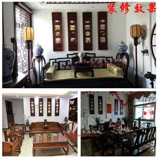 木雕客厅沙发背景大理石云石挂屏新中式实木四条屏香樟木挂画