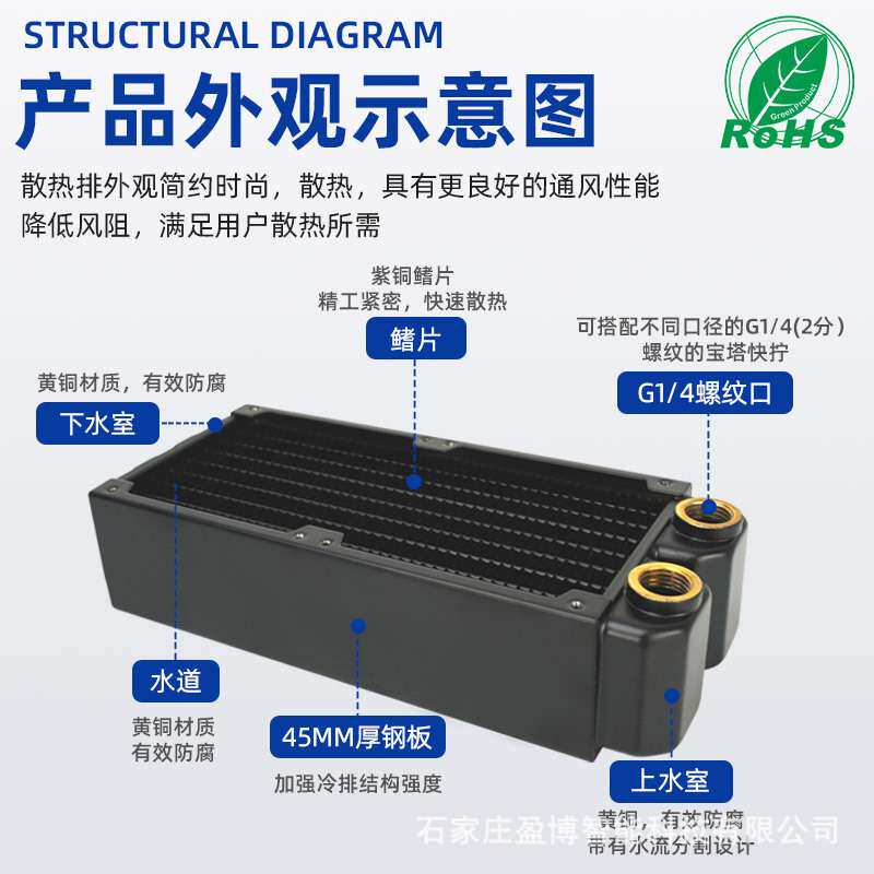 盈博电脑水冷排铜排45mm液冷双层铜散热排80风扇CRD8-45R紫铜翅片