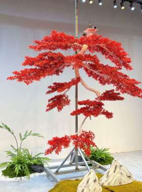 仿真悬挂红色枫树松树迎客松鸡爪槭壁挂酒店商场展厅吊挂装饰摆件