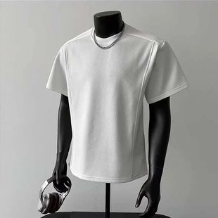 韩系潮牌个性简约大码短袖T恤男士圆领拼接百搭纯色上衣服