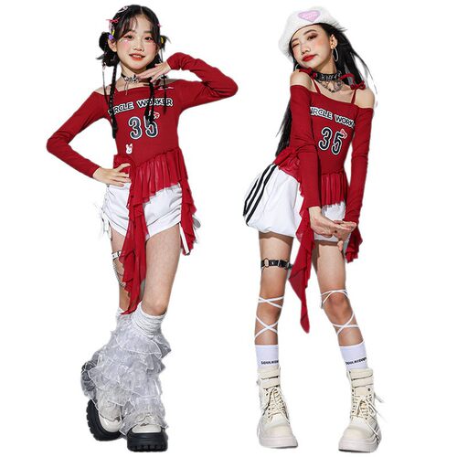 2026新款女童红色jazz爵士舞演出服儿童街舞表演服装女团走秀